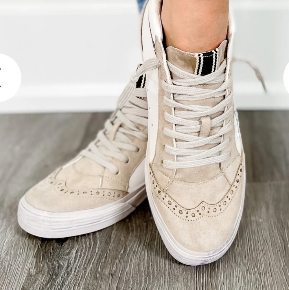 Shu Shop White/Taupe High Top Laced Sneakers With Silver Star